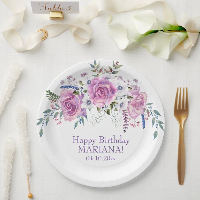 Assiettes En Carton Elégante aquarelle violet florale fête d'anniversa (Mariage)