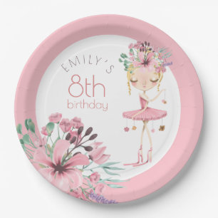 Assiettes En Carton Elégante Ballerina Florals Fille 8e fête d'anniver