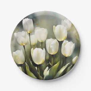 Assiettes En Carton Élégante bande de tulipes blanches dans un jardin 