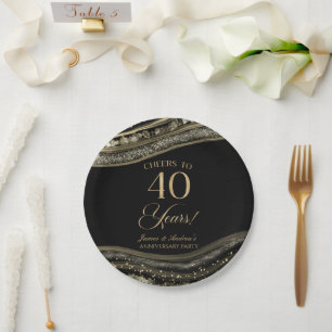Assiettes En Carton Élégante Black Gold Agate 40e Anniversaire fête