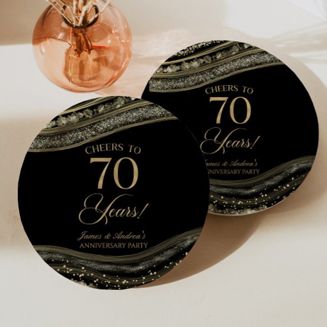 Assiettes En Carton Élégante Black Gold Agate 70e anniversaire fête (Créateur téléchargé)