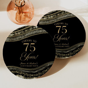 Assiettes En Carton Élégante Black Gold Agate 75e anniversaire fête
