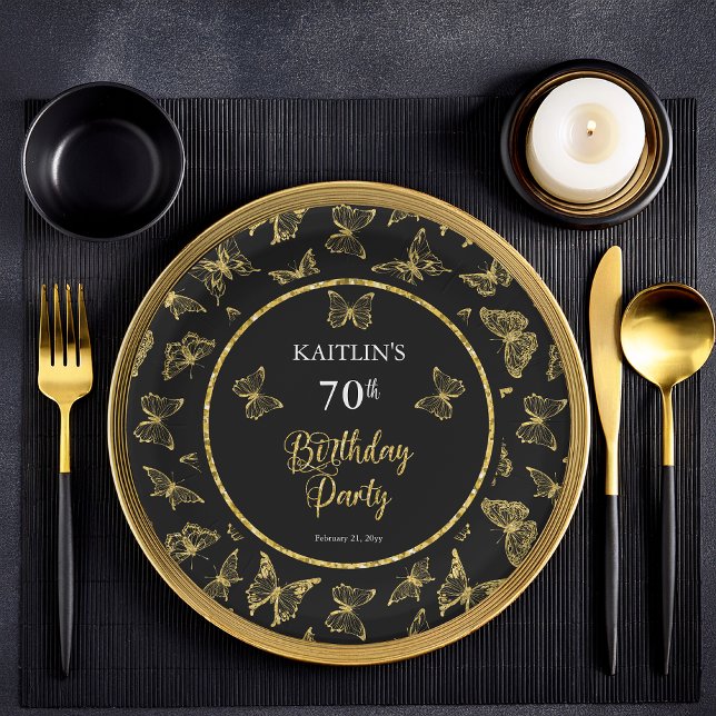 Assiettes En Carton Elégante Black Gold Butterflies 70e fête d'anniver (Elegant Black and Faux Gold Glitter Butterflies 70th Birthday Party Flat Paper Plates)