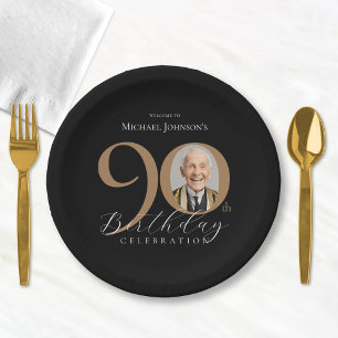 Assiettes En Carton Elégante Black Gold Photo 90th Birthday Party
