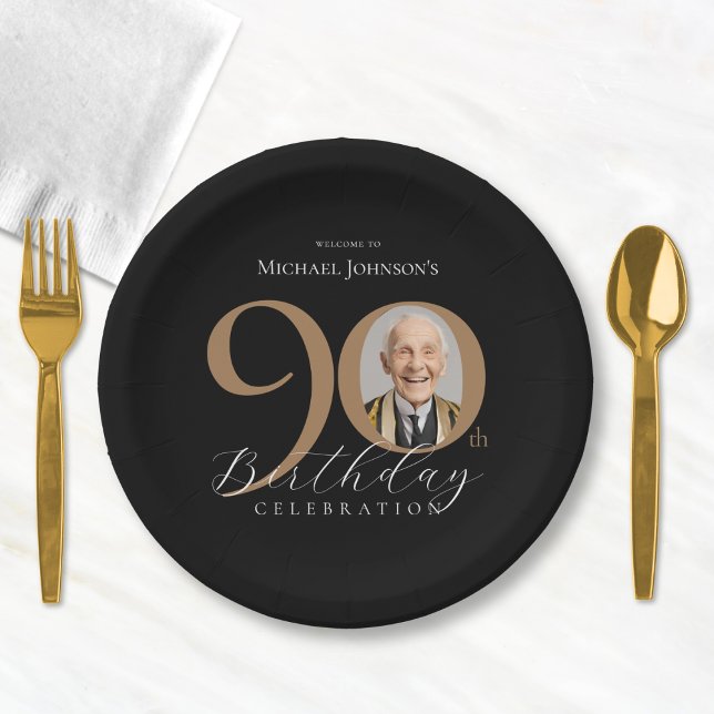 Assiettes En Carton Elégante Black Gold Photo 90th Birthday Party (Elegant Black Gold Photo 90th Birthday Party Paper Plates)
