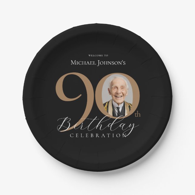 Assiettes En Carton Elégante Black Gold Photo 90th Birthday Party (Devant)