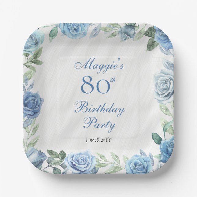 Assiettes En Carton Elégante Blue Rose Floral Frame 80e Anniversaire (Recto)