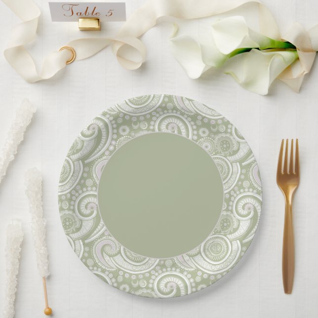 Assiettes En Carton Élégante bordure de la baie de Paisley verte (Mariage)
