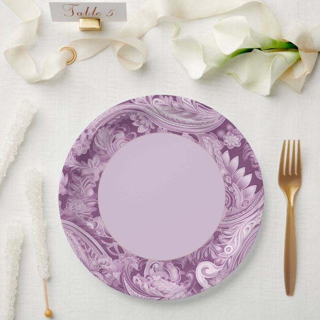 Assiettes En Carton Elégante Bordure de Paisley Violet (Mariage)