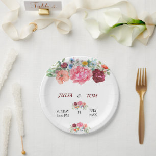Assiettes En Carton Élégante Bourgogne et flore rose