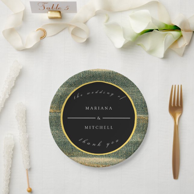 Assiettes En Carton Élégante brosse verte avec or et noir rond (Mariage)