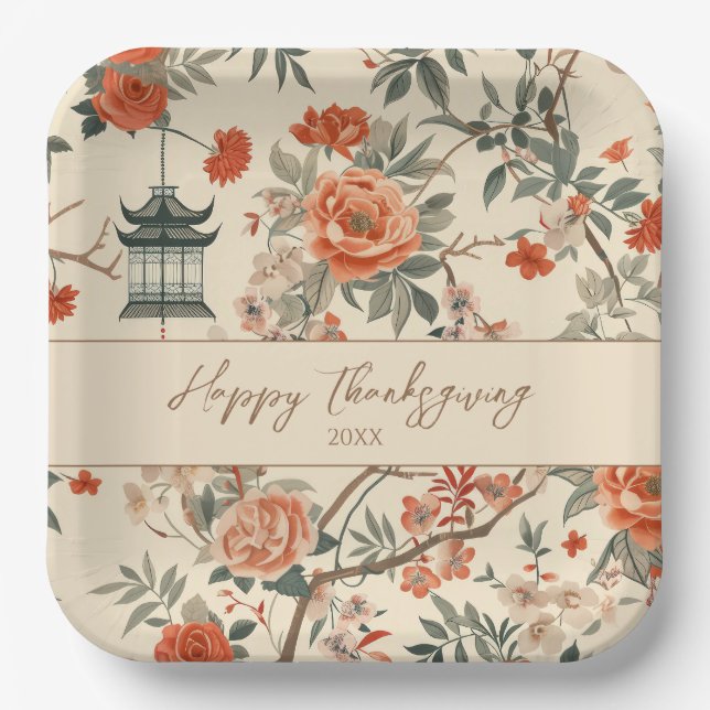 Assiettes En Carton Élégante Chaîne Automne Chinoiserie Thanksgiving (Recto)