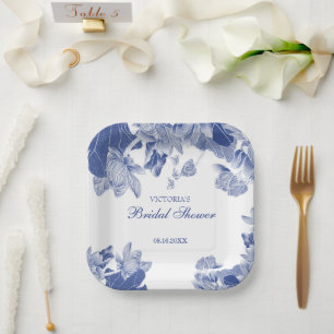 Assiettes En Carton Élégante Chinoiserie Chic Bleu Blanc Design Floral