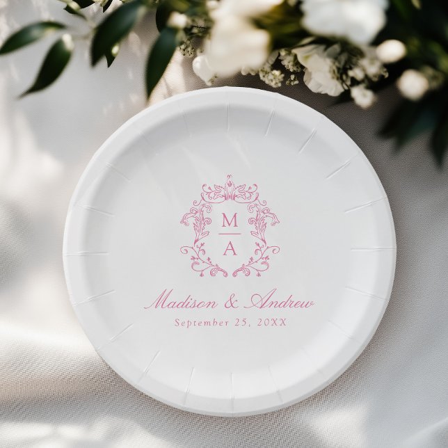 Assiettes En Carton Élégante Chinoiserie rose Monogram Crest Mariage (Créateur téléchargé)