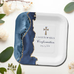 Assiettes En Carton Élégante confirmation Croix Marine Blue Gold Agate<br><div class="desc">Agate bleu marine moderne et or décorent cette élégante plaque de papier de confirmation pour la célébration de la cérémonie chrétienne. Personnaliser avec un nom sous la croix pour de belles décorations de fête religieuse pour un parti méthodiste ou église catholique.</div>
