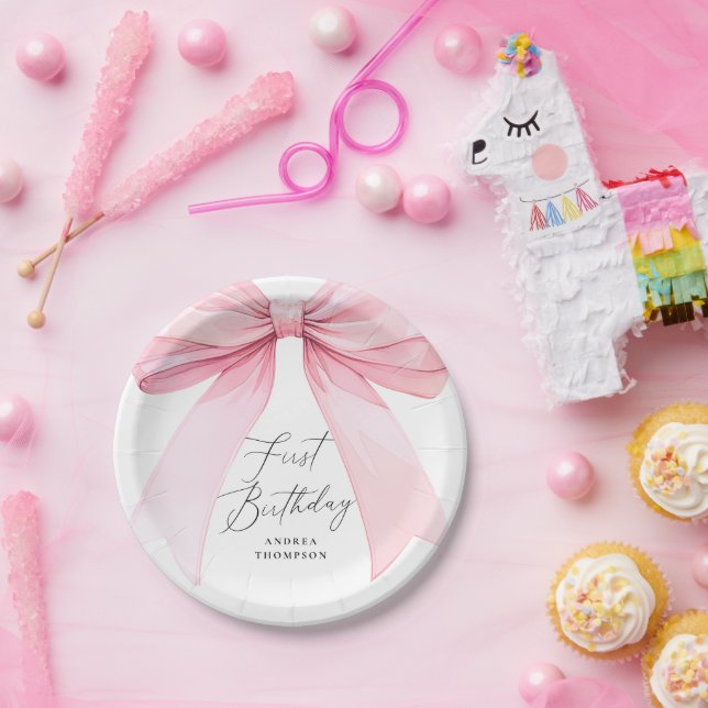 Assiettes En Carton Élégante Coquette Rose Premier Anniversaire Fille (Fête)