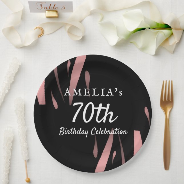 Assiettes En Carton Elégante couleur rose noire 70e Joyeux anniversair (Mariage)