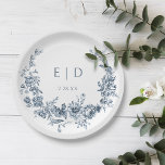 Assiettes En Carton Élégante couronne florale Bleue gravée avec Monogr<br><div class="desc">Design classique et élégant,  avec une couronne florale d'inspiration vintage et gravée autour du monogramme et du mariage de la mariée et du marié.</div>