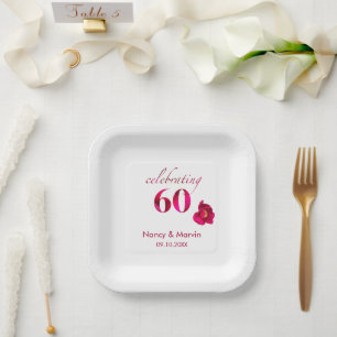 Assiettes En Carton Élégante coutume Rose rouge florale 60e anniversai