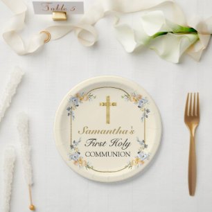 Assiettes En Carton Elégante crème à beurre Floral 1ère Sainte Communi