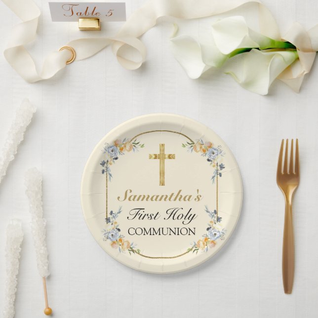 Assiettes En Carton Elégante crème à beurre Floral 1ère Sainte Communi (Mariage)