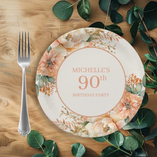 Assiettes En Carton Elégante Crème de Pêche Florale 90e anniversaire (Peach and cream watercolor floral birthday party paper plates)