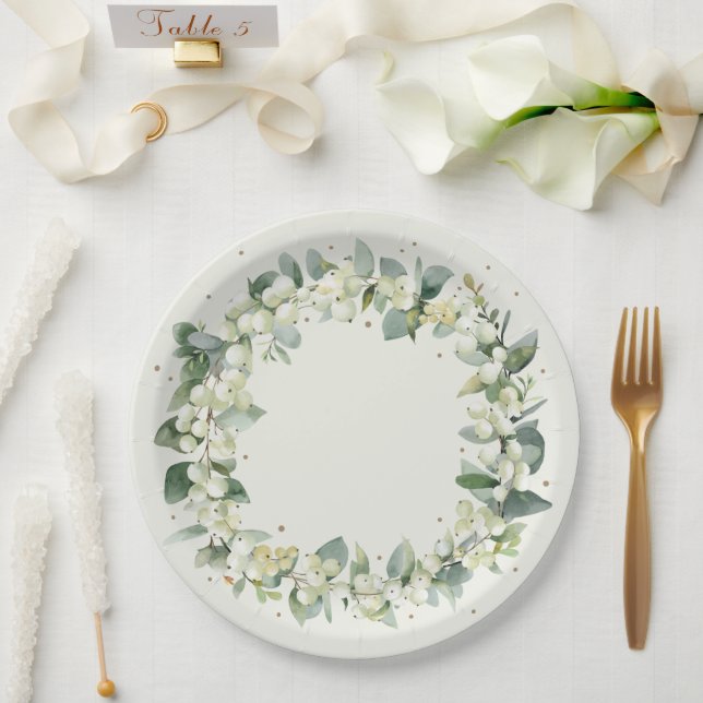 Assiettes En Carton Elégante crème Snowberry+Eucalyptus Wreath Mariage (Mariage)