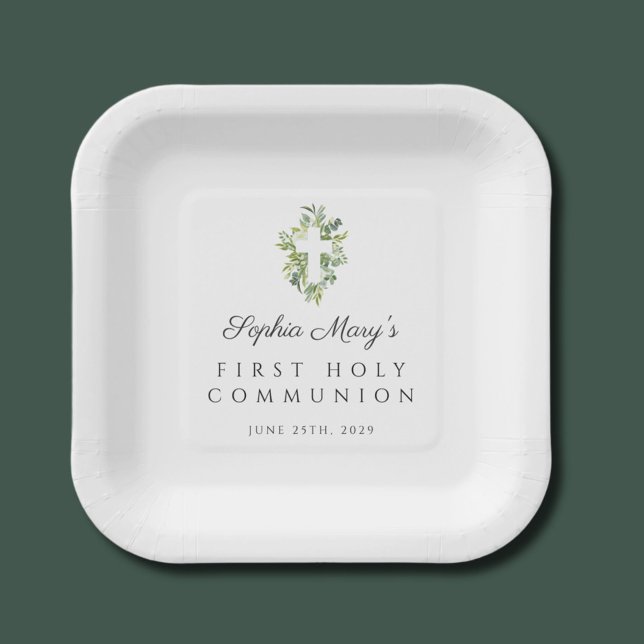 Assiettes En Carton Elégante Croix Botanique Verte Première Communion (Elegant Green Botanical Cross First Communion Paper Plates)