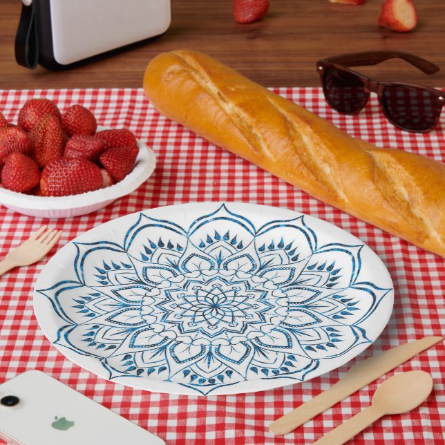 Assiettes En Carton Élégante décoration de mandala métallique bleu (Pique-nique)