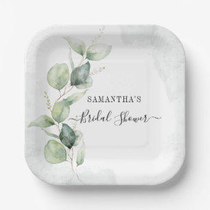 Assiettes En Carton Élégante douche de mariée à l'aquarelle d'eucalypt