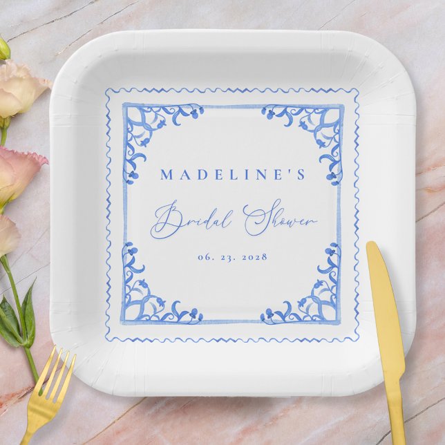 Assiettes En Carton Élégante douche de mariée en carreaux bleus et bla (Créateur téléchargé)