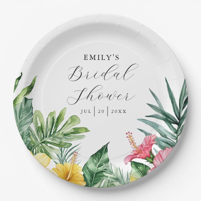 Assiettes En Carton Élégante douche de mariée florale tropicale aquare (Devant)