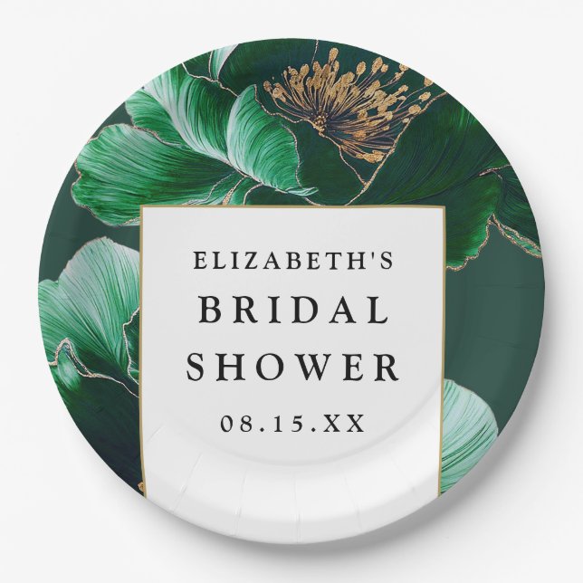 Assiettes En Carton Élégante douche de mariée florale verte émeraude m (Devant)