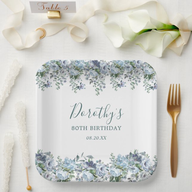 Assiettes En Carton Elégante Dusty Blue Floral 80e Anniversaire Person (Mariage)