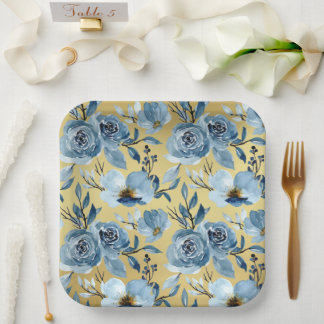 Assiettes En Carton Elégante Dusty Blue Floral & Gold Carré Party