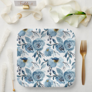 Assiettes En Carton Elégante Dusty Blue Floral & White Carré Party