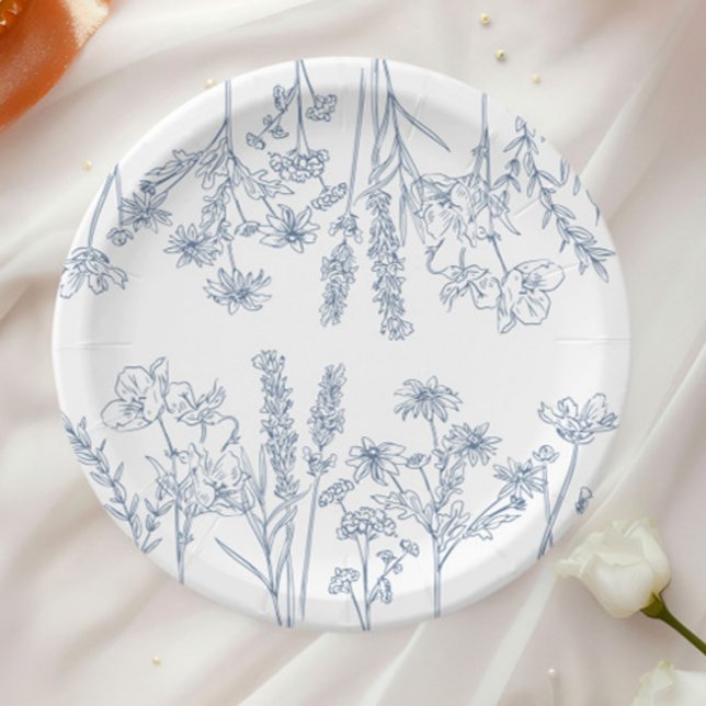 Assiettes En Carton Élégante Fête des mariées de Fleur sauvage bleu pé (Créateur téléchargé)