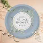 Assiettes En Carton Elégante Fête des mariées de verdure bleu Dusty<br><div class="desc">Dotés de feuilles délicats et verdoyants d'aquarelle sur un arrière - plan bleu poussiéreux,  ces élégantes plaques de papier-douche botanique à nuptiale peuvent être personnalisées avec vos détails spéciaux de douche nuptiale. Conçu par Thisisnotme©</div>