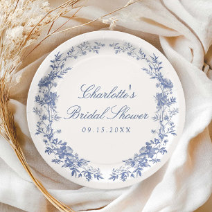 Assiettes En Carton Elégante Fête des mariées Florale Bleue
