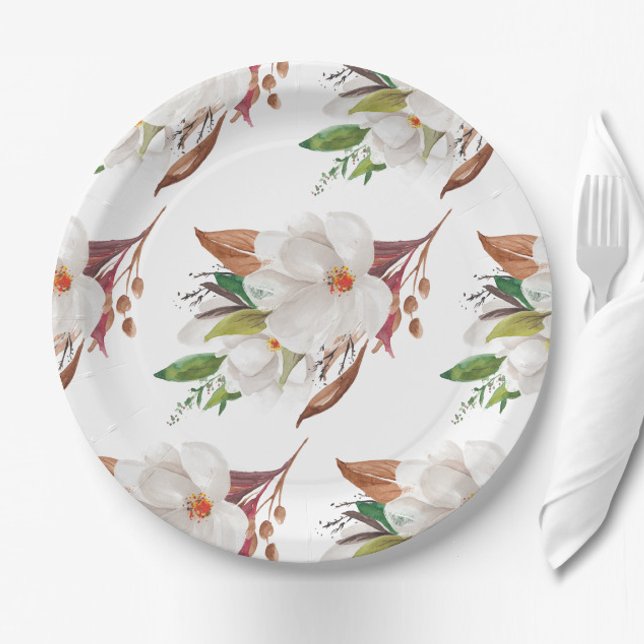 Assiettes En Carton Élégante Fête des mariées florale de Magnolia (Créateur téléchargé)