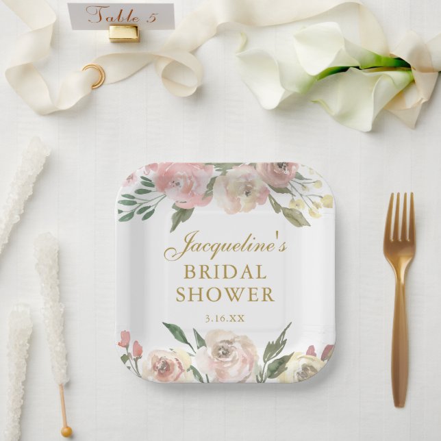 Assiettes En Carton Élégante Fête des mariées Florale Rose Custom Gold (Mariage)