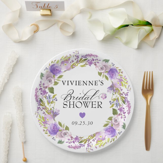 Assiettes En Carton Élégante Fête des mariées florale violette (Mariage)