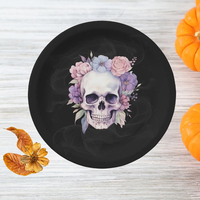 Assiettes En Carton Élégante fête d'Halloween gothique florale et crân (Créateur téléchargé)