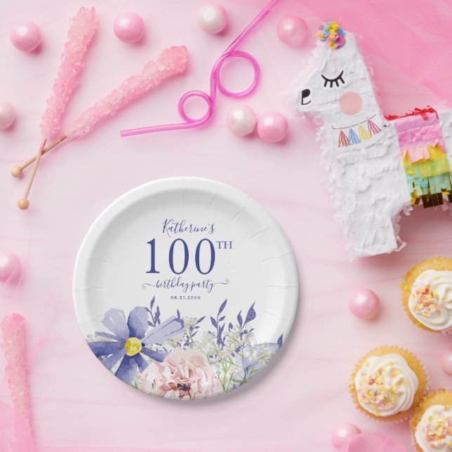 Assiettes En Carton Élégante fête du 100e anniversaire rose violet (Fête)