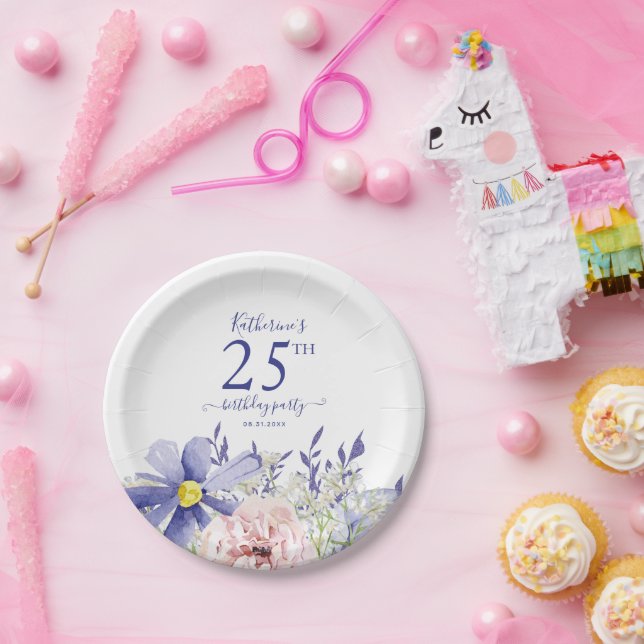 Assiettes En Carton Élégante fête du 25e anniversaire rose violet (Fête)