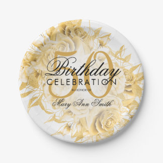 Assiettes En Carton Élégante fête du 50e anniversaire Floral Gold Blan