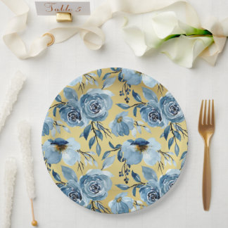 Assiettes En Carton Élégante Fête Rond Florale Bleu Poussiéreux et Or
