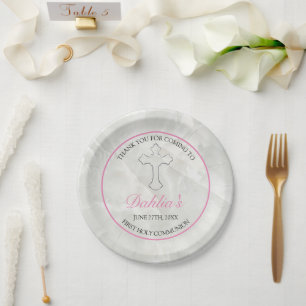 Assiettes En Carton Élégante Filles en marbre rose Première sainte com