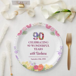 Assiettes En Carton Elégante Fleur 90ème anniversaire / 90 ans