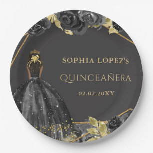 Assiettes En Carton Elégante Fleur de Princesse Quinceanera Noir Or